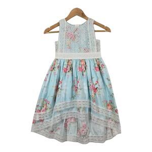 Trish Scully Floral Dress Girl sz 6 Blue Pink Lace Bodice High low Hem Party